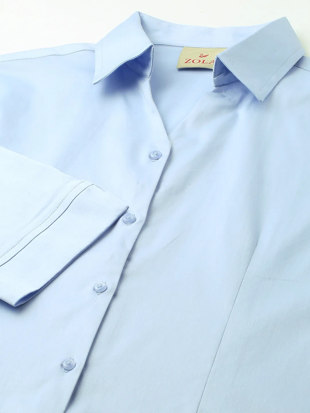 Zola Sky Blue Cotton Shirt Collar 3/4th Sleeves Formal Wear Shirt For Women