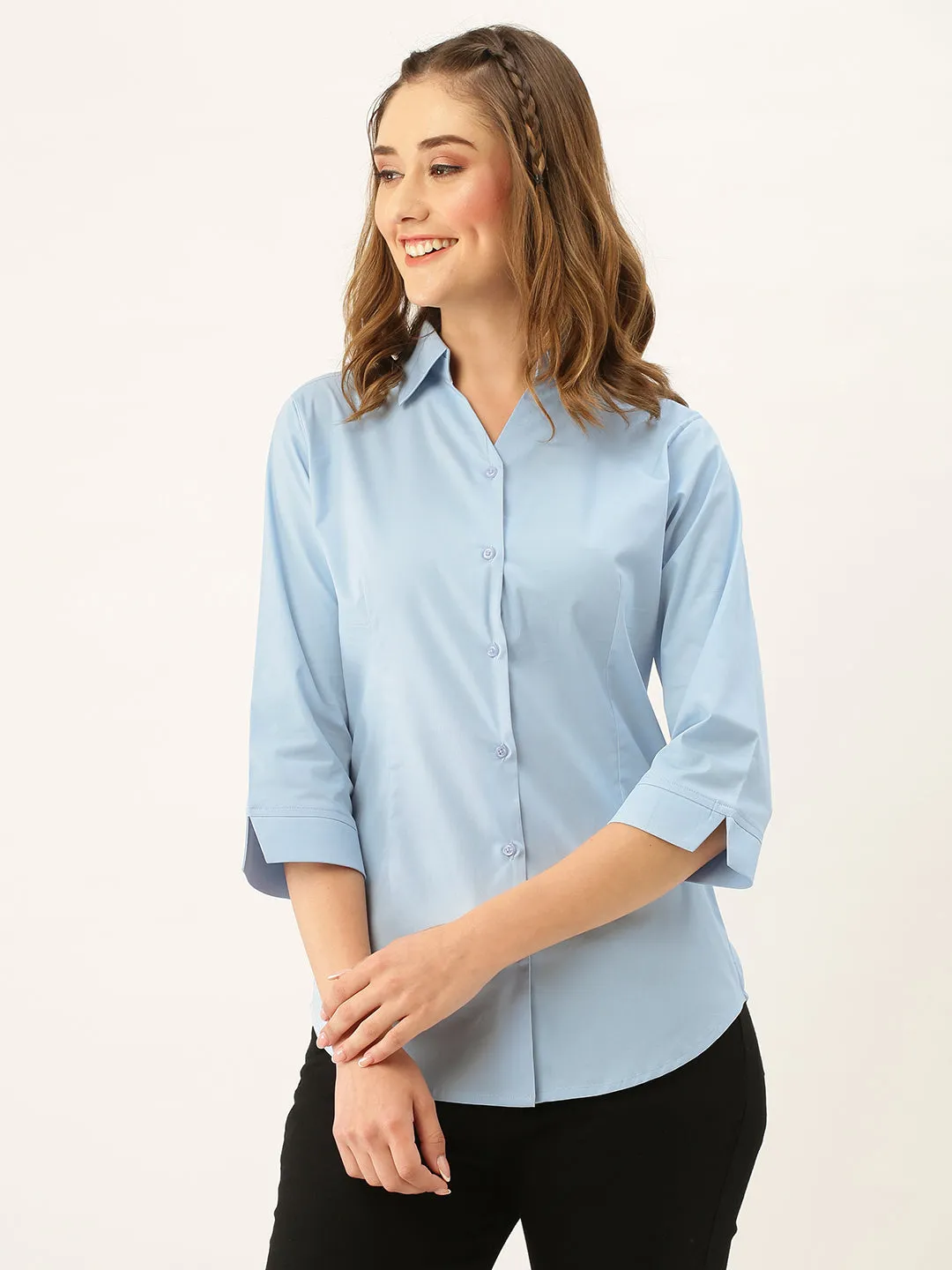 Zola Sky Blue Cotton Shirt Collar 3/4th Sleeves Formal Wear Shirt For Women