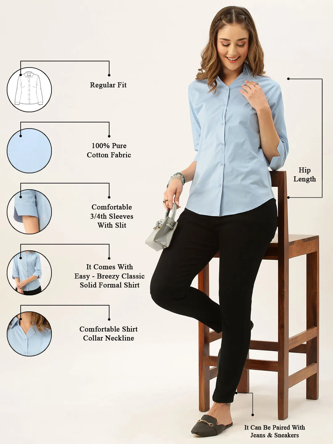 Zola Sky Blue Cotton Shirt Collar 3/4th Sleeves Formal Wear Shirt For Women